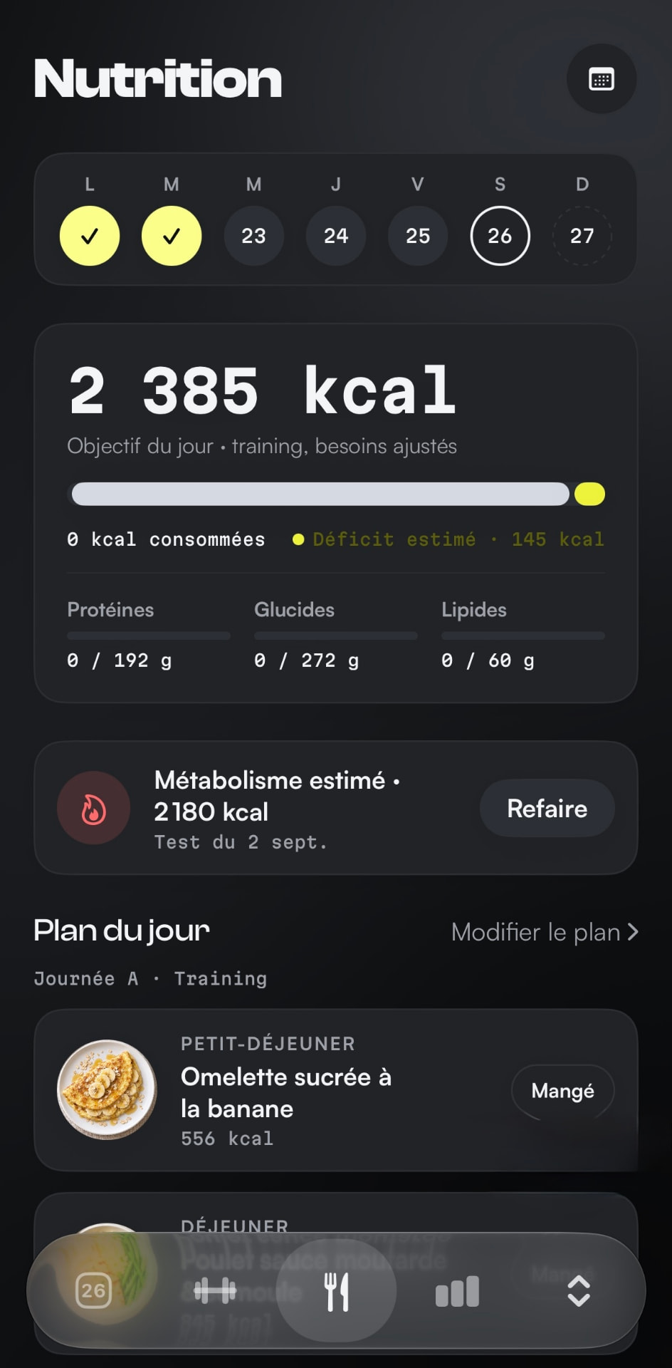 Suivi nutrition et objectifs dans l'application Athly